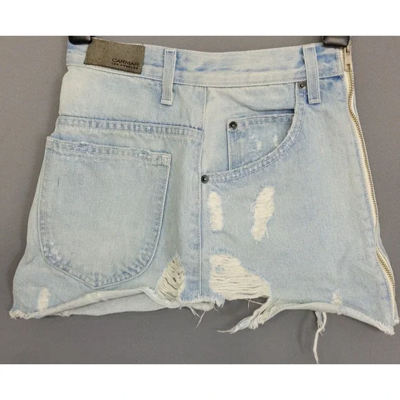 Carmar Distress Mini Jean Skirt Womens 23 Blue Denim Pockets Full Zip Grunge - Picture 10 of 13